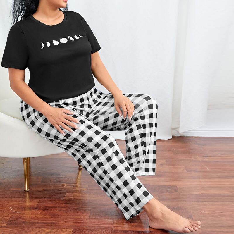 

Plus Moon Print Tee & Gingham Pants PJ Set, Black and white