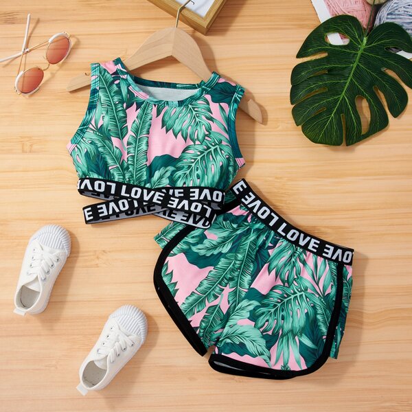 

Toddler Girls Tropical Print Criss Cross Tank Top With Track Shorts, Green