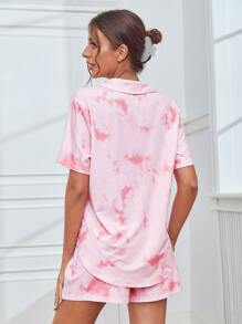 Bộ đồ ngủ Nữ Nút phía trước Cà vạt nhuộm Giải trí - Màu Hồng baby - Xem 2
