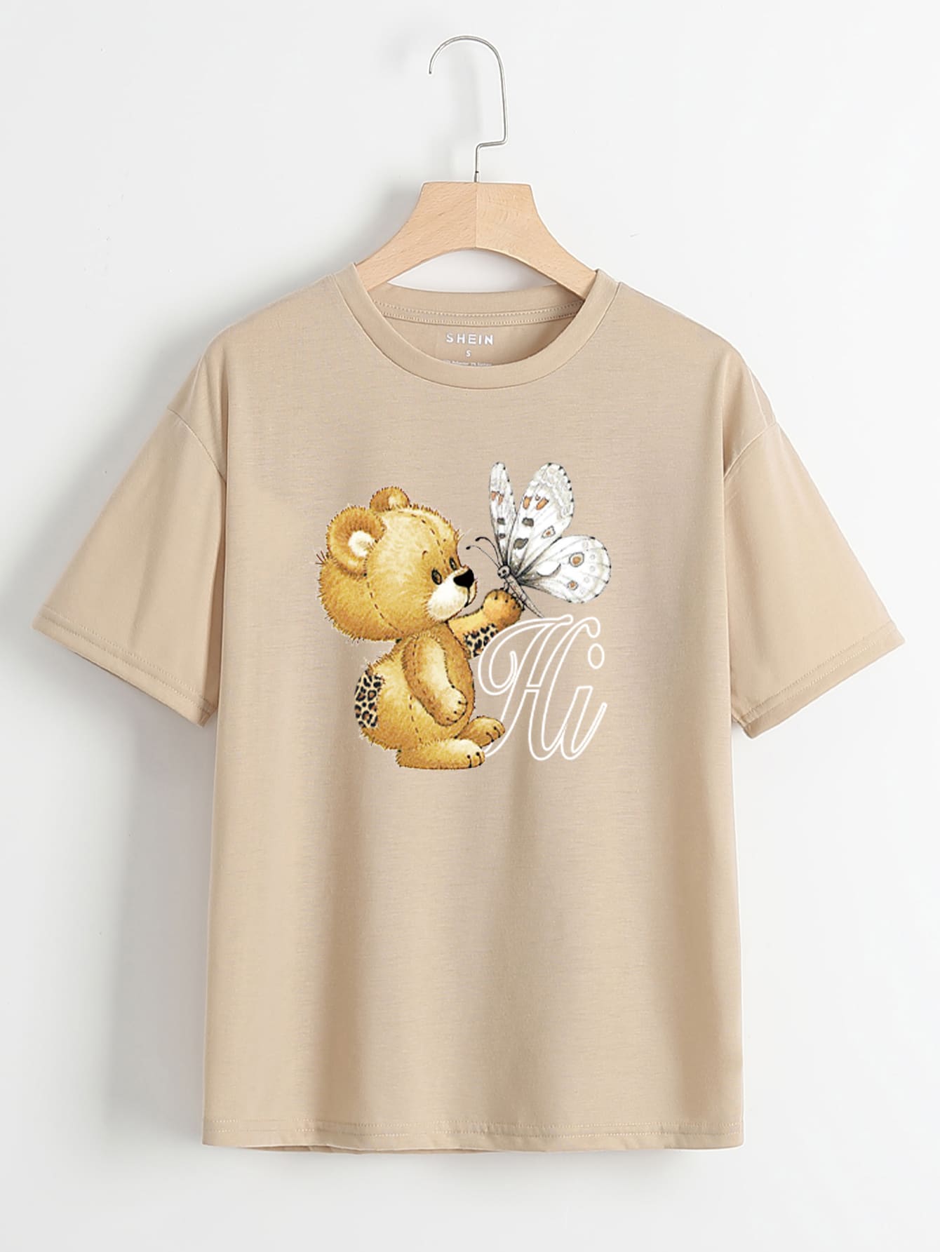 Drop Shoulder Letter & Cartoon Graphic Tee - Khaki - View 1