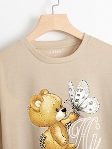 Drop Shoulder Letter & Cartoon Graphic Tee - Khaki - View 3