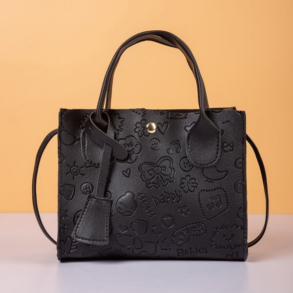 

Cartoon Graphic Satchel Bag, Black