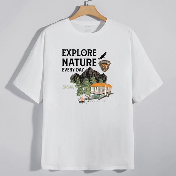 

Men Slogan And Graphic Print Drop Shoulder Tee, White