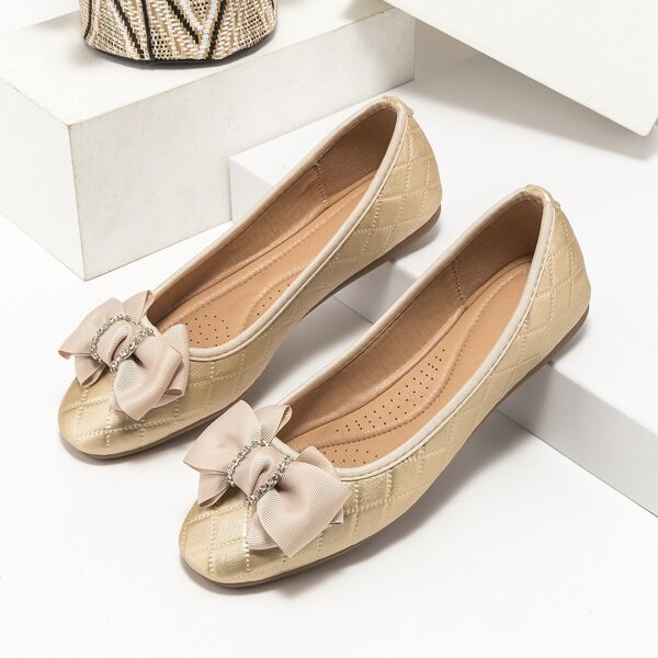 

Bow Decor Quilted Ballet Flats, Gold