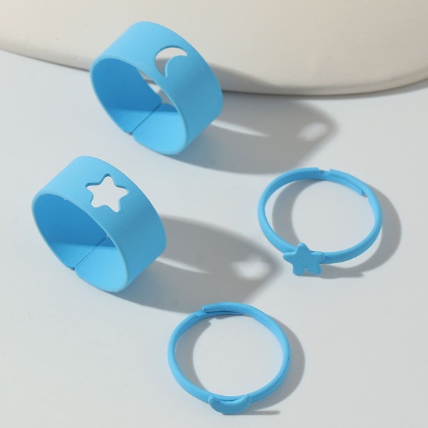 

4pcs Girls Moon & Star Decor Ring, Blue