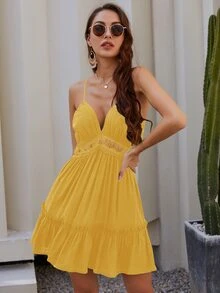 Vestido de tirantes bajo fruncido con encaje - Amarillo - Ver 3