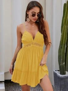 Vestido de tirantes bajo fruncido con encaje - Amarillo - Ver 4