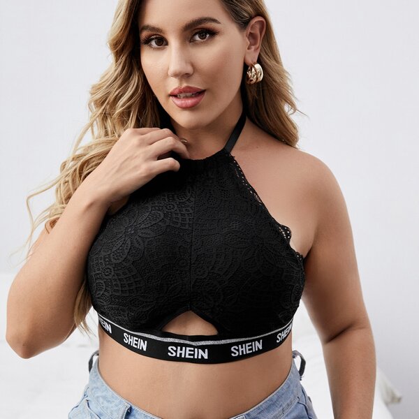 

Plus Floral Lace Letter Tape Bralette, Black
