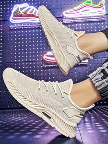 男士極簡系列扣帶運動鞋,針織鞋面,學校鞋 - 米色 - 查看 2