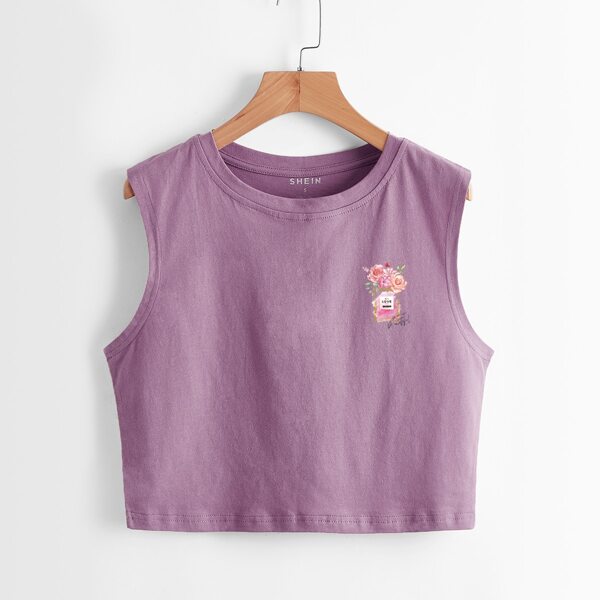 

Floral And Letter Graphic Tank Top, Dusty purple
