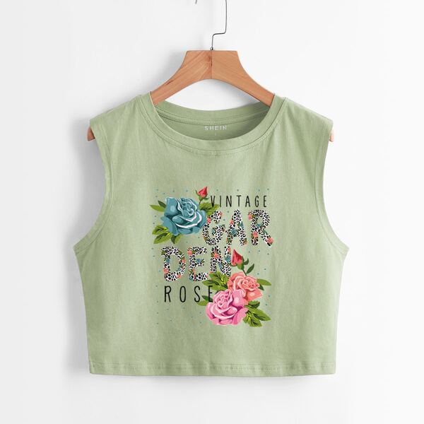 

Letter And Floral Print Crop Tank Top, Lime green
