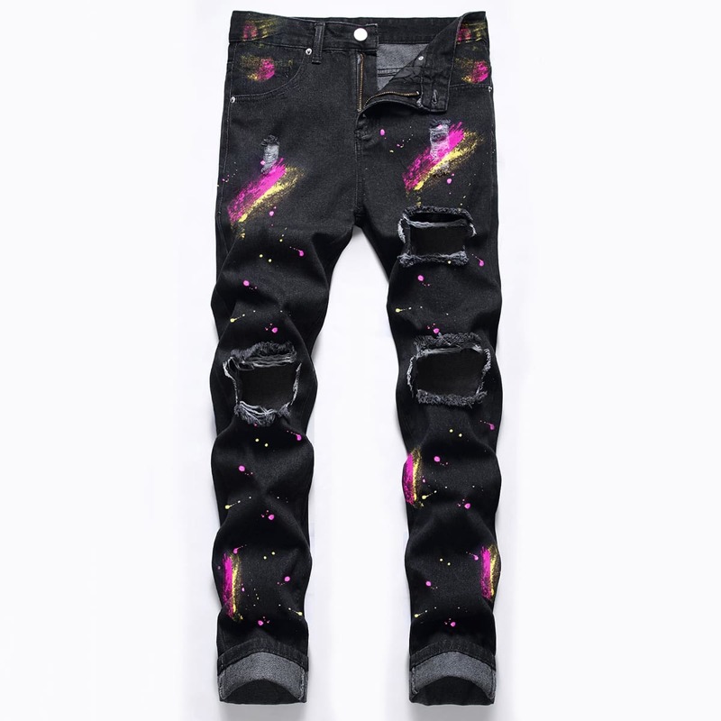 

Guys Splatter Print Ripped Jeans, Black