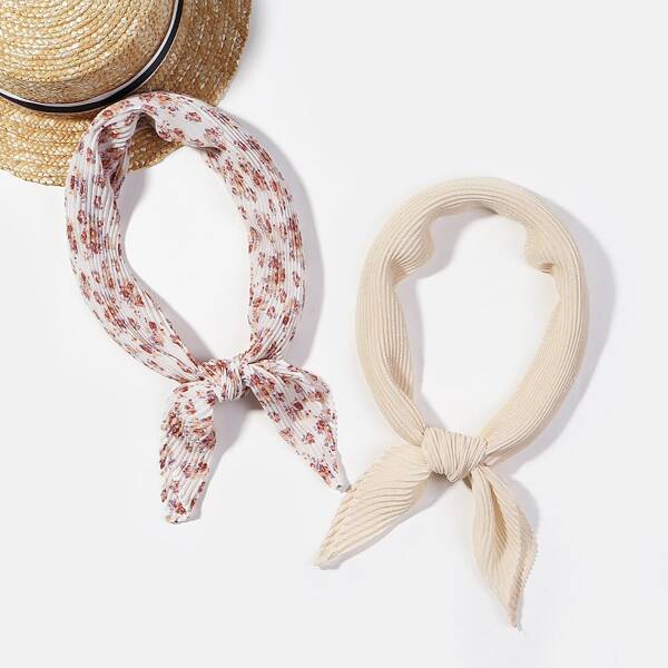 

2pcs Flower Print Pleated Bandana, Multicolor