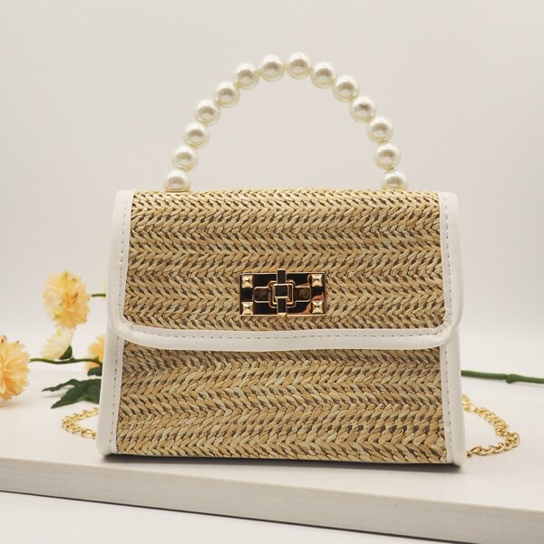 

Faux Pearl Decor Twist Lock Straw Bag, Beige