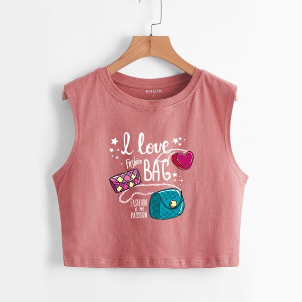 

Slogan And Bag Print Crop Tank Top, Watermelon pink