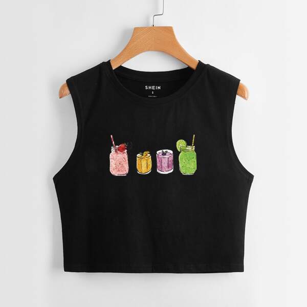 

Fruit Juice Print Crop Tank Top, Black