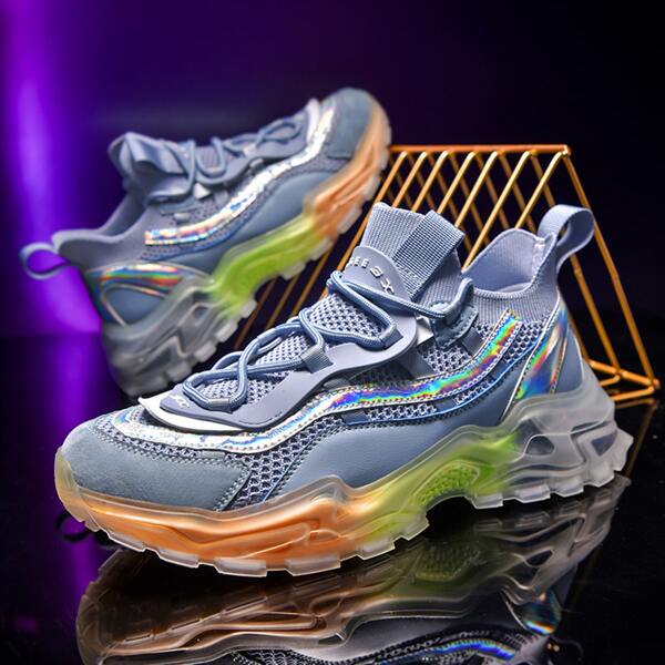 

Men Holographic Lace Up Front Chunky Trainers, Blue