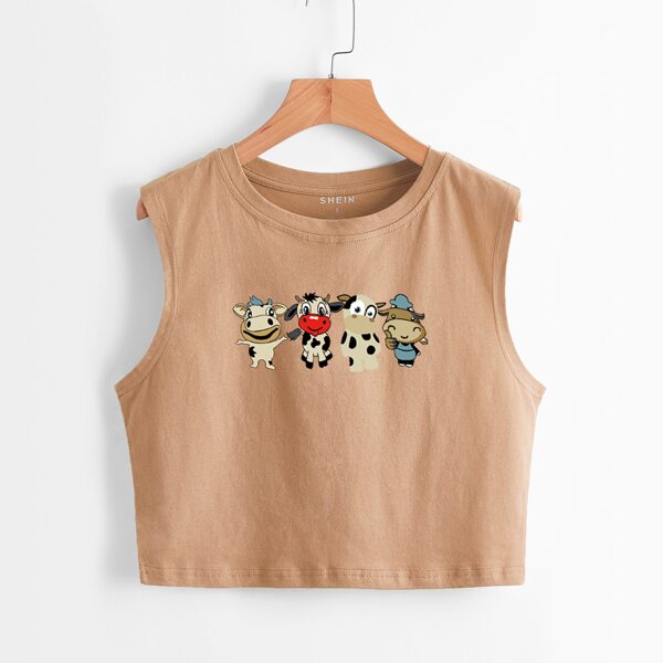 

Cartoon Cow Print Crop Tank Top, Khaki