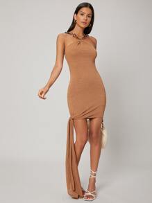SHEIN Knotted Bodycon Dress - Camel - View 4