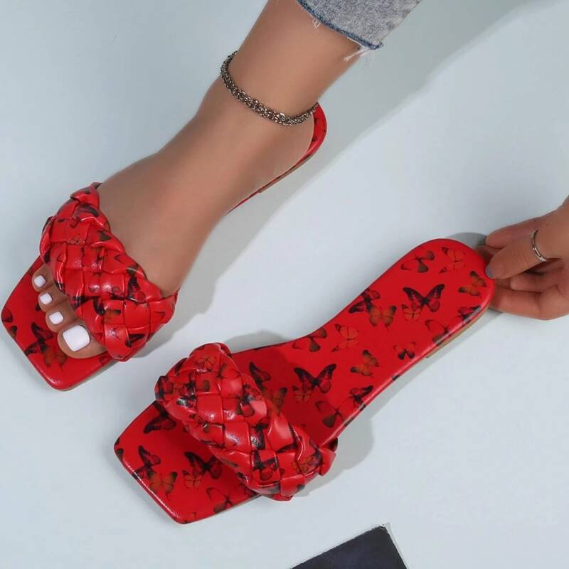 

Neon Lime Butterfly Print Slide Sandals, Red