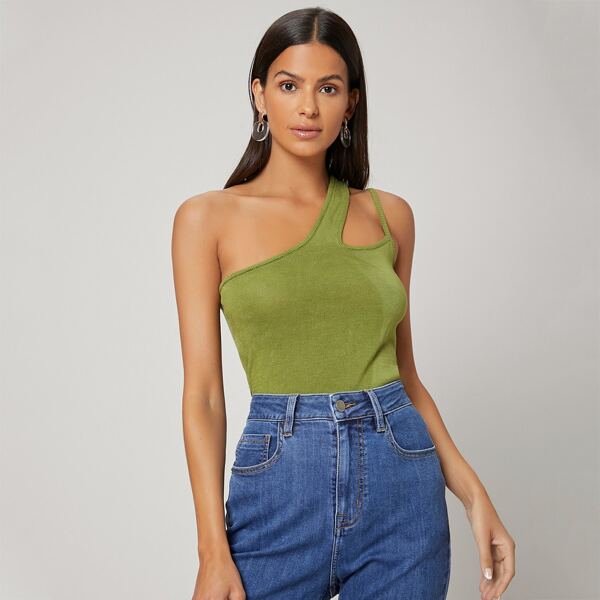 

SILK ASYMMETRICAL SLIM KNIT TOP, Lime green