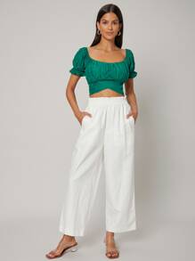 SHEIN Pantalones de pierna ancha de lino - Blanco - Ver 3