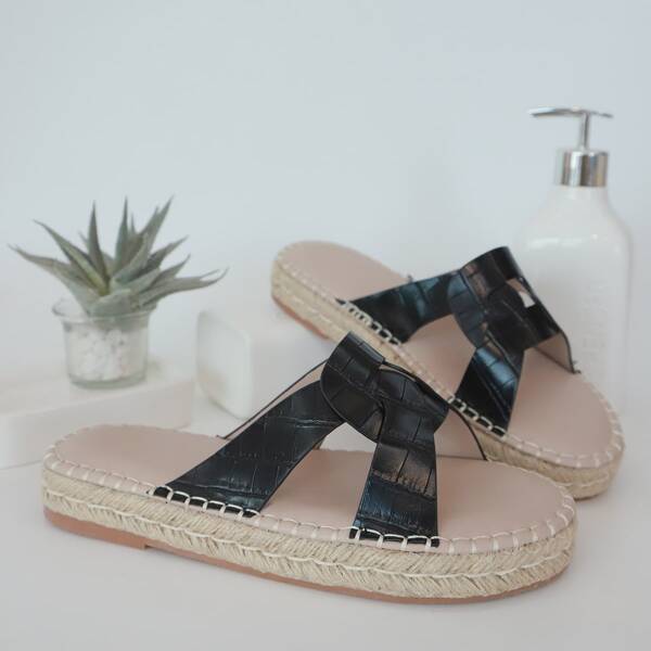 

Cross Strap Croc Embossed Slide Sandals, Black