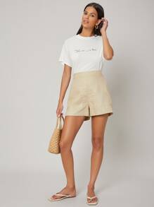 SHEIN 100% Linen Straight Shorts - Apricot - View 3