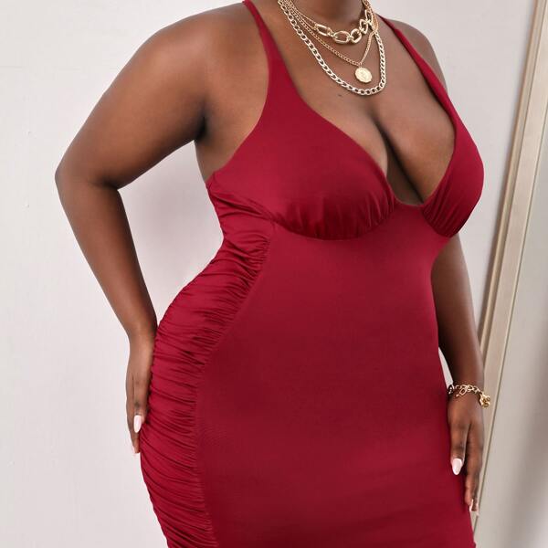 

Plus Solid Ruched Criss Cross Backless Cami Dress, Burgundy