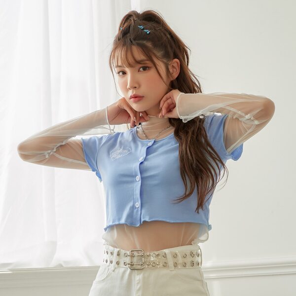 

Lettuce Trim Letter Embroider Top With Mesh Top, Blue
