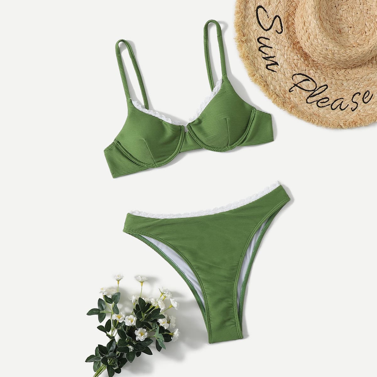 

Lace Trim Bikini Swimsuit, Green