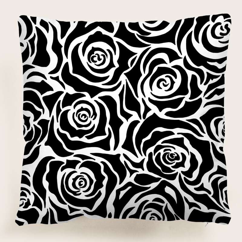 

Rose Print Cushion Cover Without Filler, Black and white