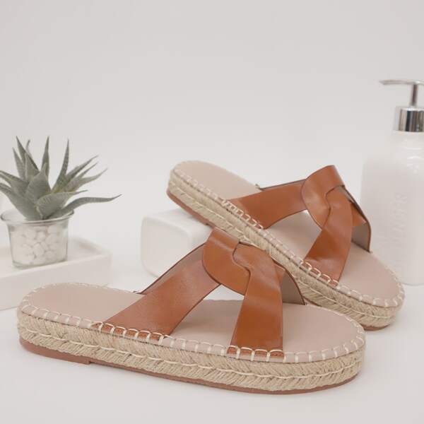 

Cross Strap Espadrille Slide Sandals, Brown