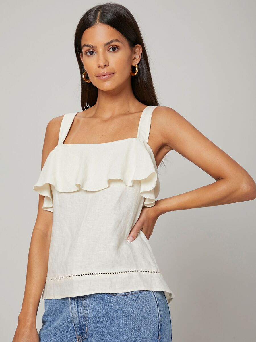 SHEIN Unity Top de tirantes fruncido de 100% lino - Beis - Ver 1