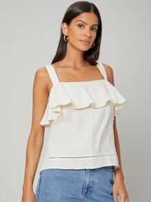 SHEIN Unity 100% Linen Ruffle Cami Top - Beige - View 8