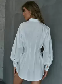 Chiquease Blusa con botones, cintura plisada y hombros caídos para mujeres, prenda de otoño - Blanco - Ver 2