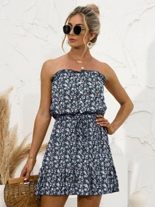 Breezaya 碎花打結荷葉邊抹胸連衣裙 - 彩色 - 查看 4