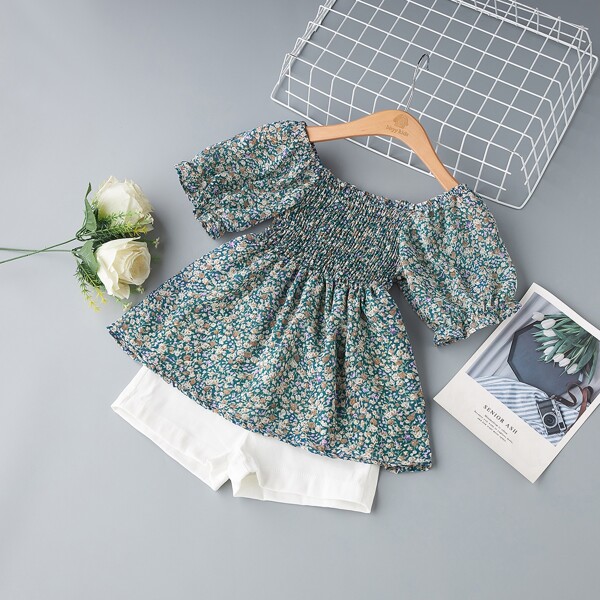 

Toddler Girls Ditsy Floral Shirred Top With Shorts, Green