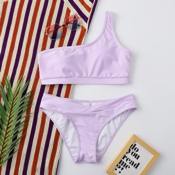 

Solid One Shoulder Bikini Swimsuit, Lilac purple