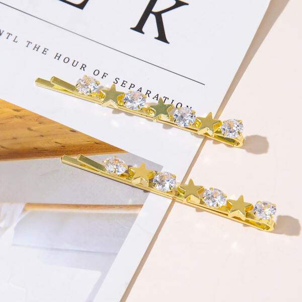 

2pcs Zircon Star Decor Hair Clip, Gold