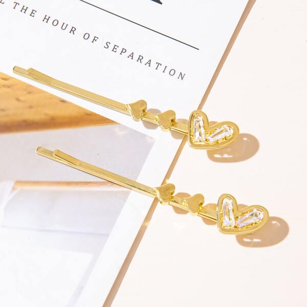 

2pcs Zircon Heart Decor Hair Clip, Gold