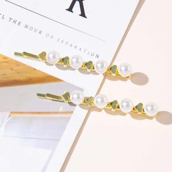 

2pcs Faux Pearl Decor Hair Clip, Gold