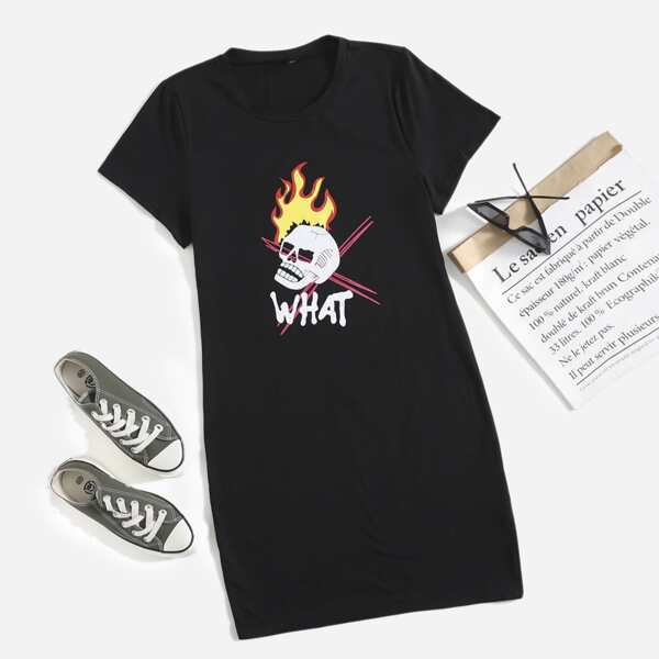 

Plus Skull And Letter Graphic Tee Dress, Black