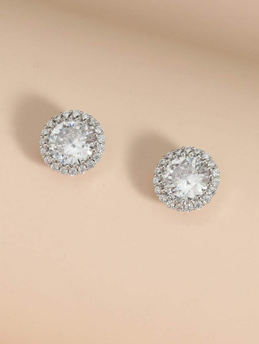 Cubic Zirconia Stud Earrings - Silver - View 1