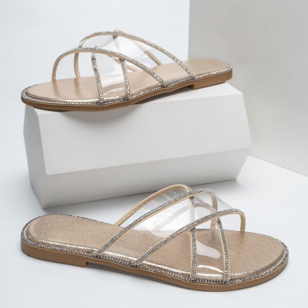 

Clear Rhinestone Decor Slide Sandals, Champagne