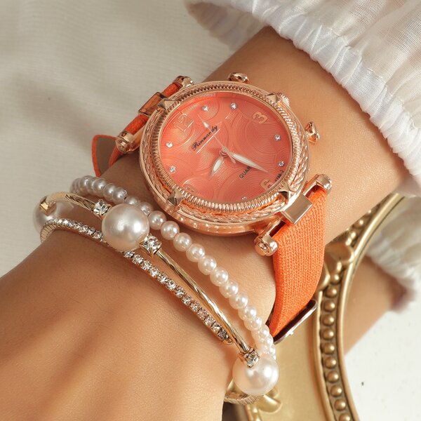 

1pc Rhinestone Decor Round Pointer Watch & 1pc Bracelet