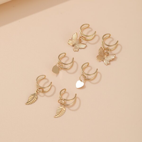 

6pcs Butterfly & Heart Charm Ear Cuff, Gold