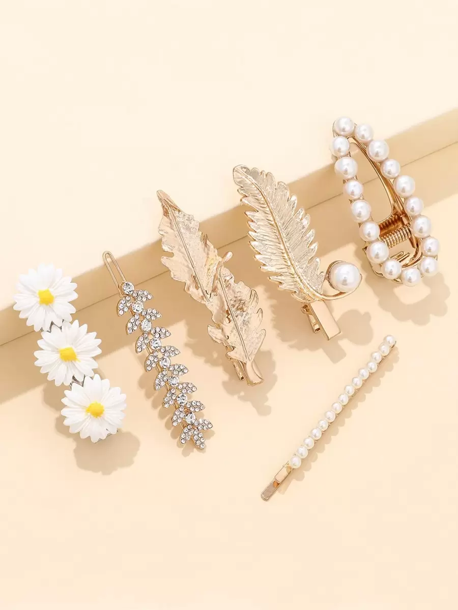 6 قطع كليبس شعر ذو حلي من اللؤلؤ الزائف أنيقة أظافر شعر مخالب شعر - متعدد الألوان - مشاهدة 1