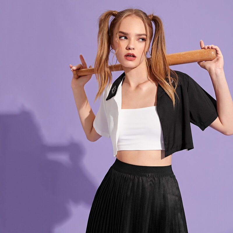 

Sun & Moon Graphic Colorblock Button Front Blouse, Black and white