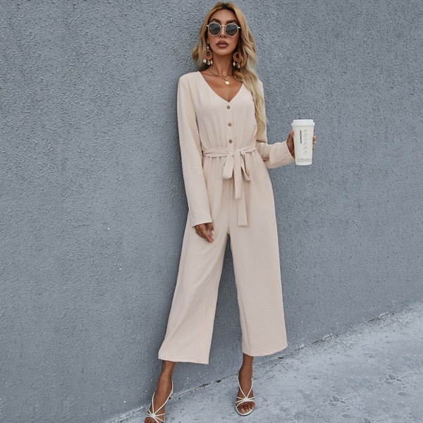 

Half Button Belted Jumpsuit, Apricot